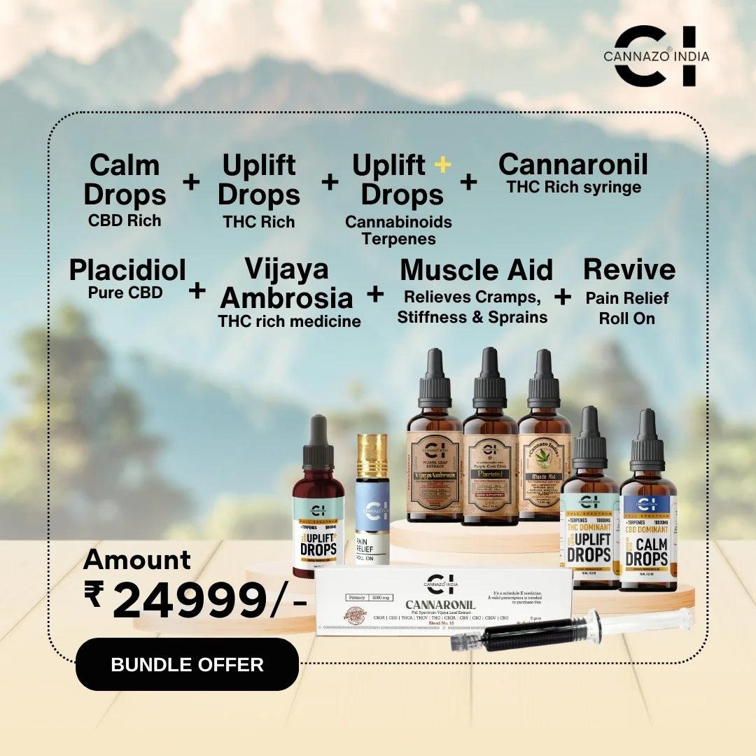 Cannazo- Overall Wellness Kit: Kit Price ₹24,999 (Doctor Consultation Free) Calm Uplift Uplift+ Thc Syringe Placidiol Vijaya Ambrosia Muscle Aid ReviveWellness BundlesCannazo Wellness Kit - Cannabis Wellness Kit | Comprehensive Relief