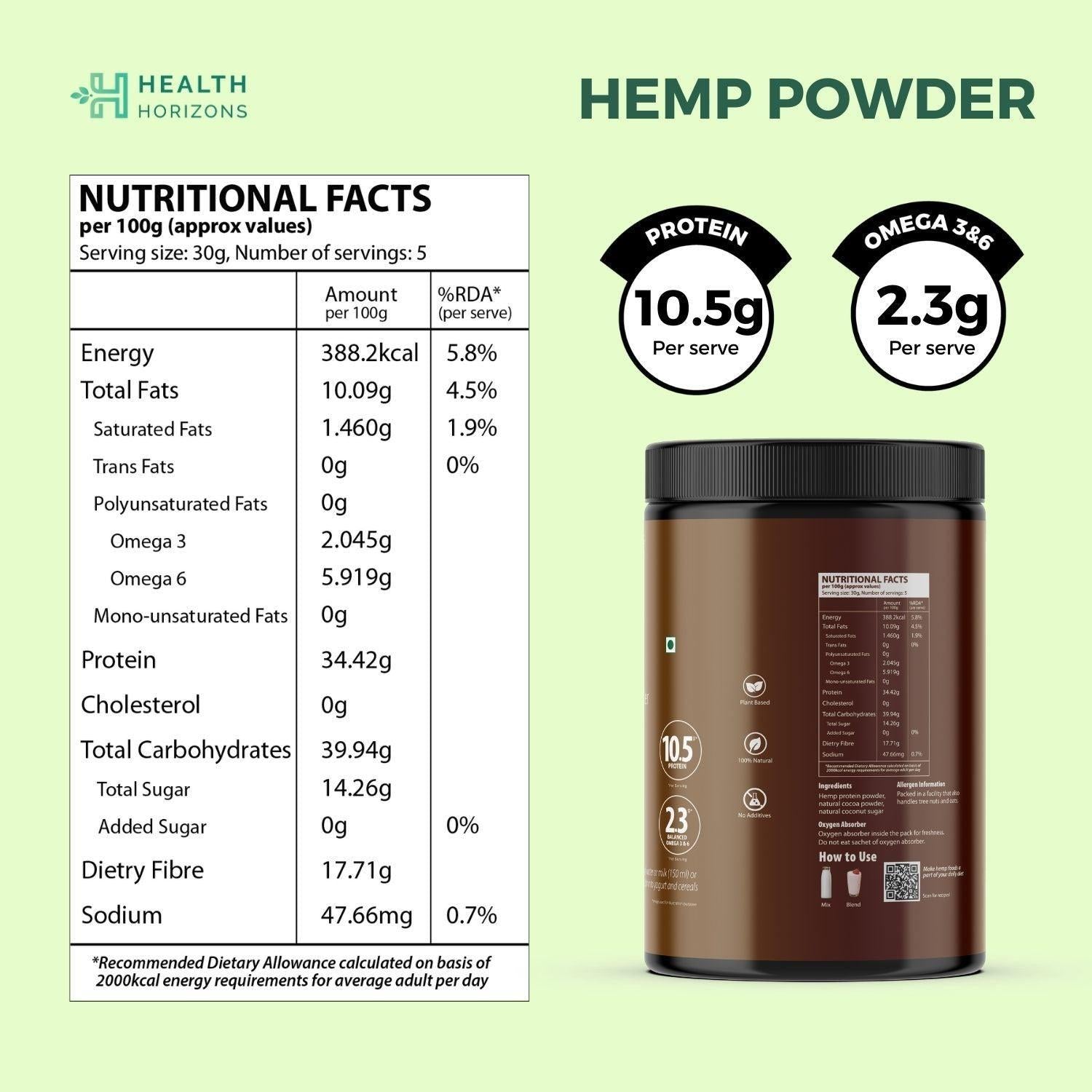 Health Horizons Hemp Protein Powder- Chocolate Flavour.