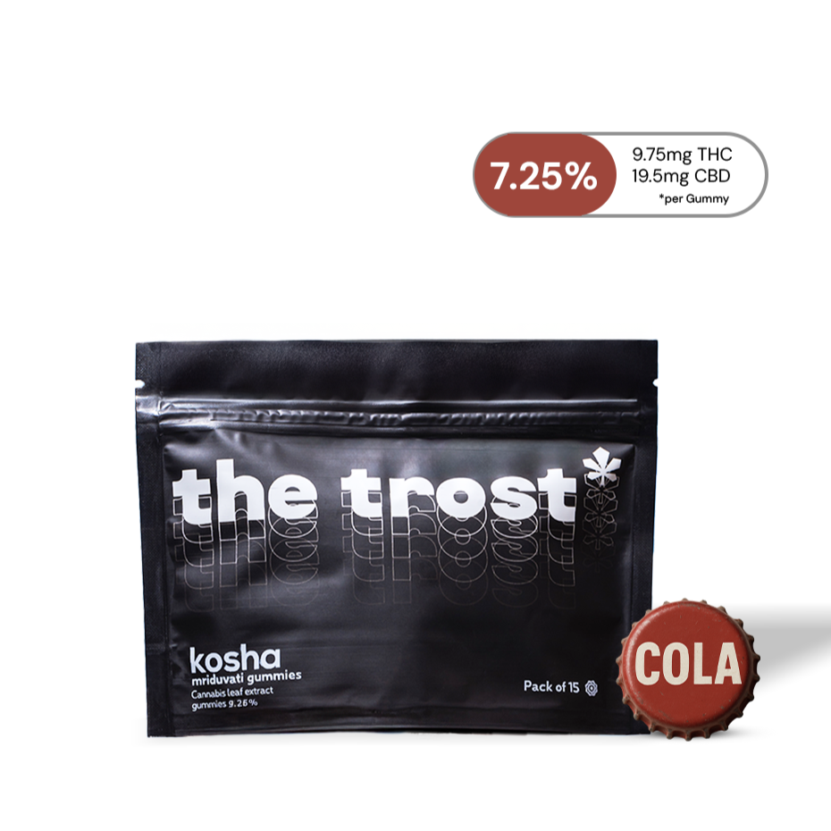 Black packaging of 'the trost' with a cola flavor label on a white background