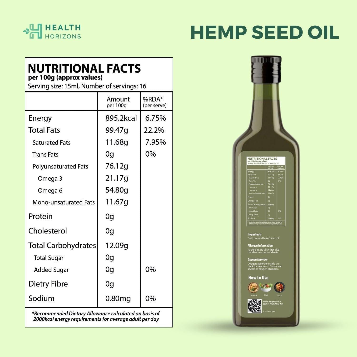 Health Horizons Hemp Cold Pressed Virgin Seed Oil.