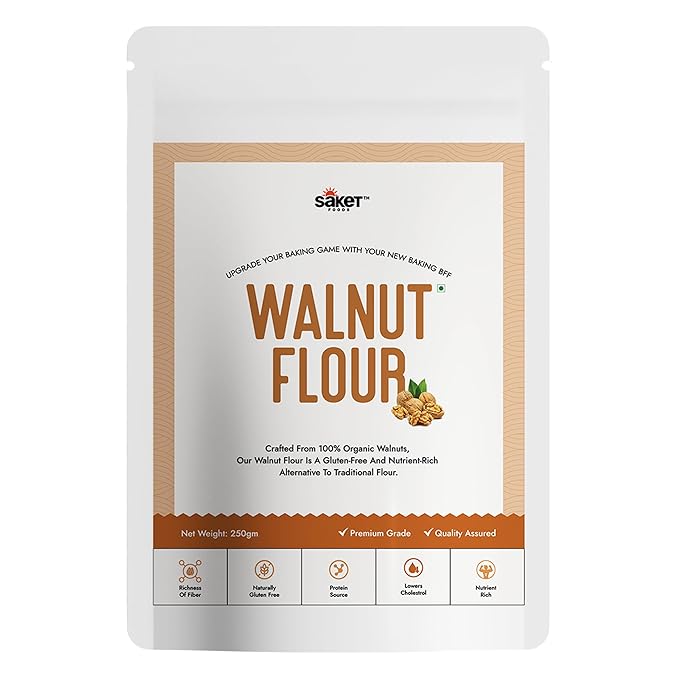 Saket Foods Walnut Flour| Pure Walnut Flour| Gluten Free| Nutrient Rich| Walnut Powder Ideal for Making- Kheer, Ice-cram, Macarons, Cakes, Puddings| 250 Gram