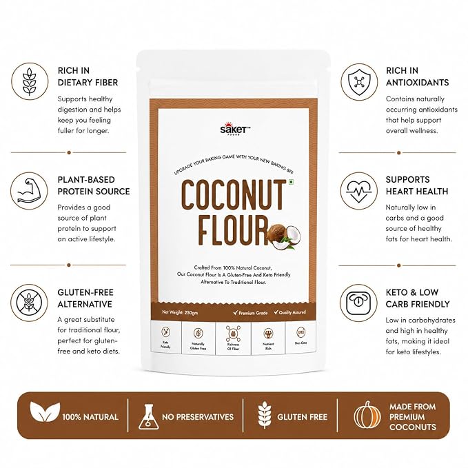 Saket Foods Coconut Flour - Pure Natural Coconut Powder | Gluten Free | 250g