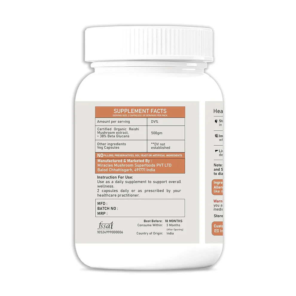 Miracles Mushroom - Reishi Mushroom Extract Capsules - 100% Fruit Body Extract - 60 Capsules.