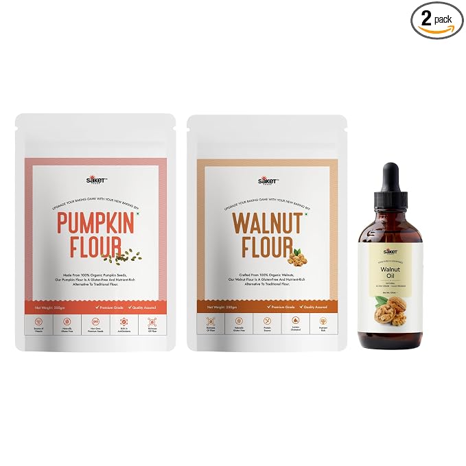 Saket Foods Walnut & Pumpkin Seed Flour Combo - FREE Walnut Oil | 250g Each