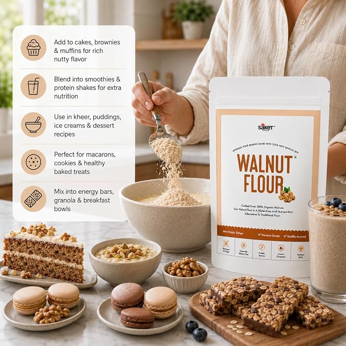 Saket Foods Walnut Flour| Pure Walnut Flour| Gluten Free| Nutrient Rich| Walnut Powder Ideal for Making- Kheer, Ice-cram, Macarons, Cakes, Puddings| 250 Gram