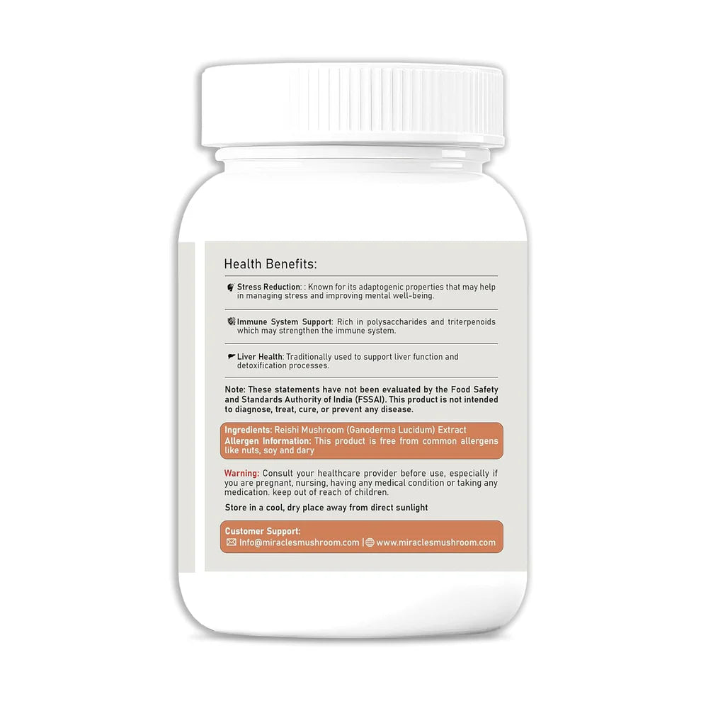 Miracles Mushroom - Reishi Mushroom Extract Capsules - 100% Fruit Body Extract - 60 Capsules.