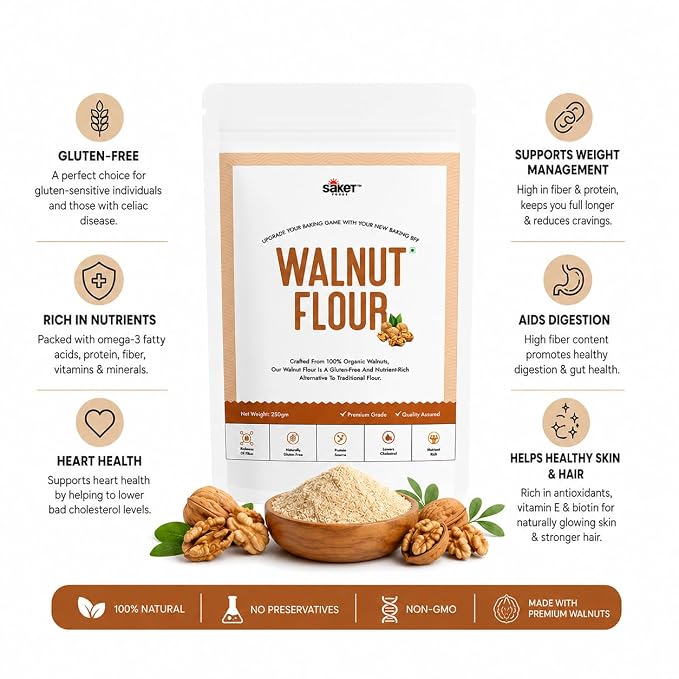 Saket Foods Walnut Flour| Pure Walnut Flour| Gluten Free| Nutrient Rich| Walnut Powder Ideal for Making- Kheer, Ice-cram, Macarons, Cakes, Puddings| 250 Gram