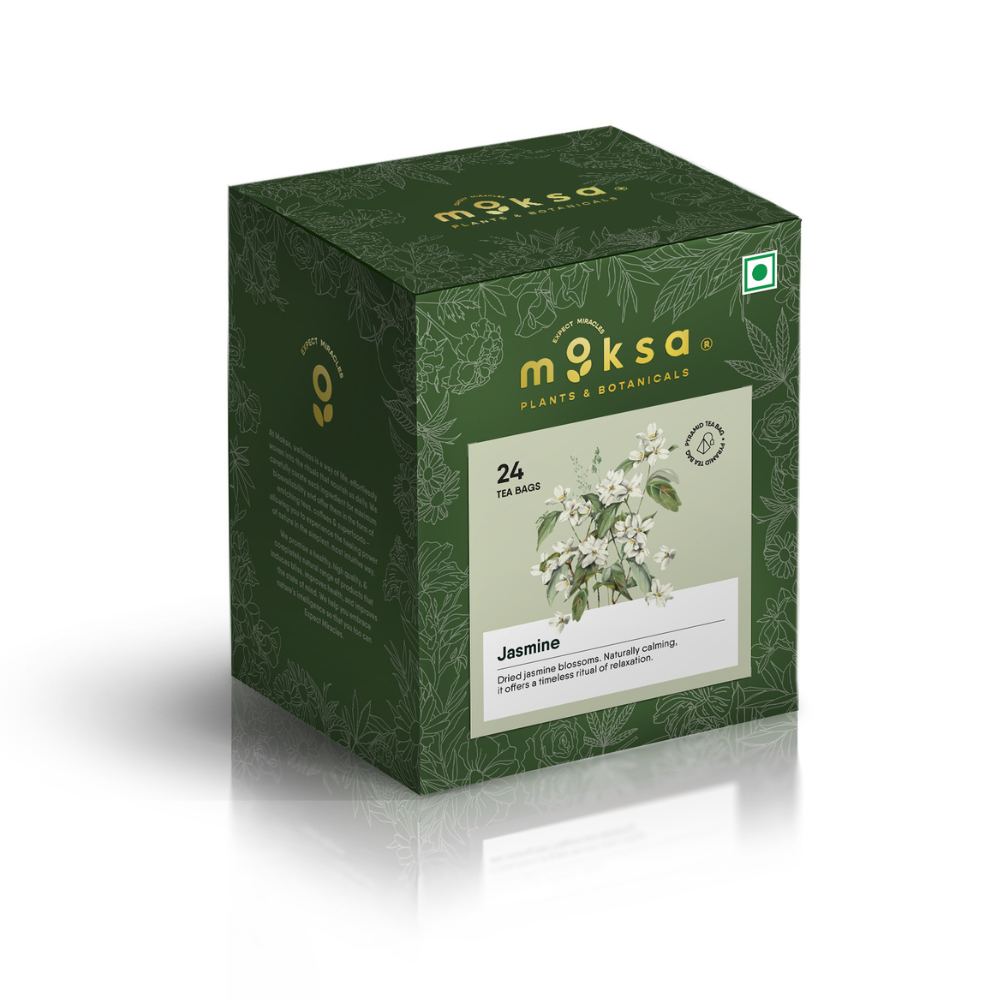Green tea box with jasmine flavor from moksa on a white background