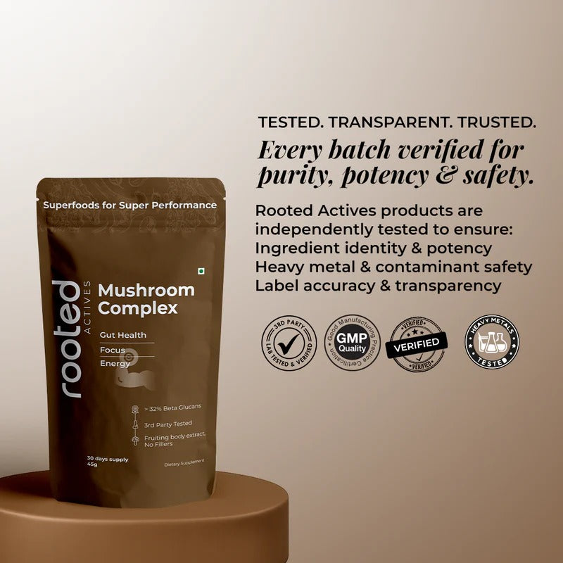Rooted Actives Organic 7-Mushroom Complex Powder - Lion's Mane, Reishi, Cordyceps, Shiitake, Turkey Tail, Chaga & Tremella