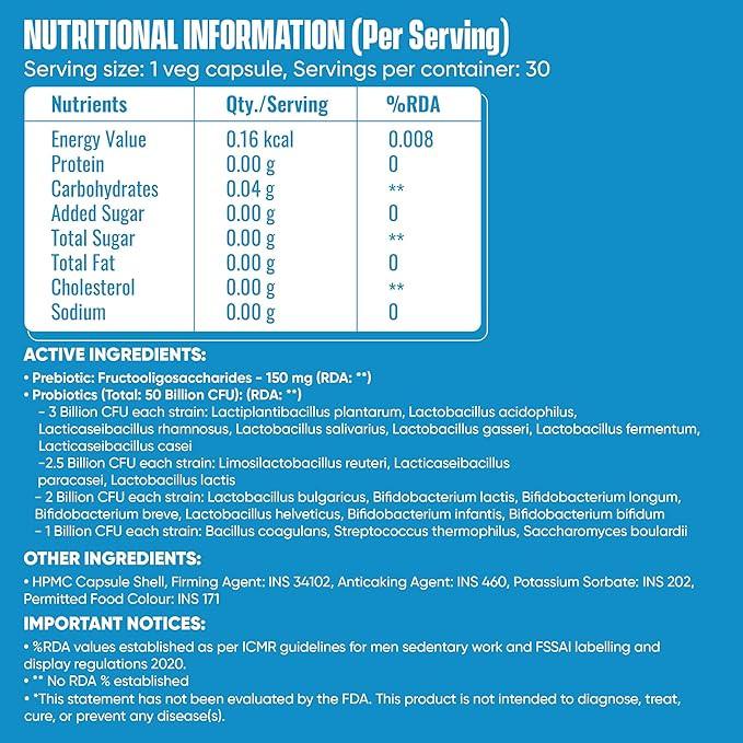 Auraika Nutrition Probiotics for Gut Health | 50 Billion CFU Probiotics Supplement for Bloating & Gas Relief.