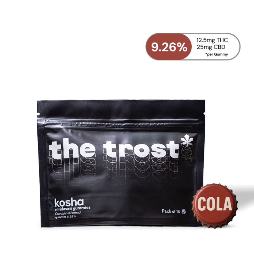 Black packaging of 'the trost' with product details on a white background