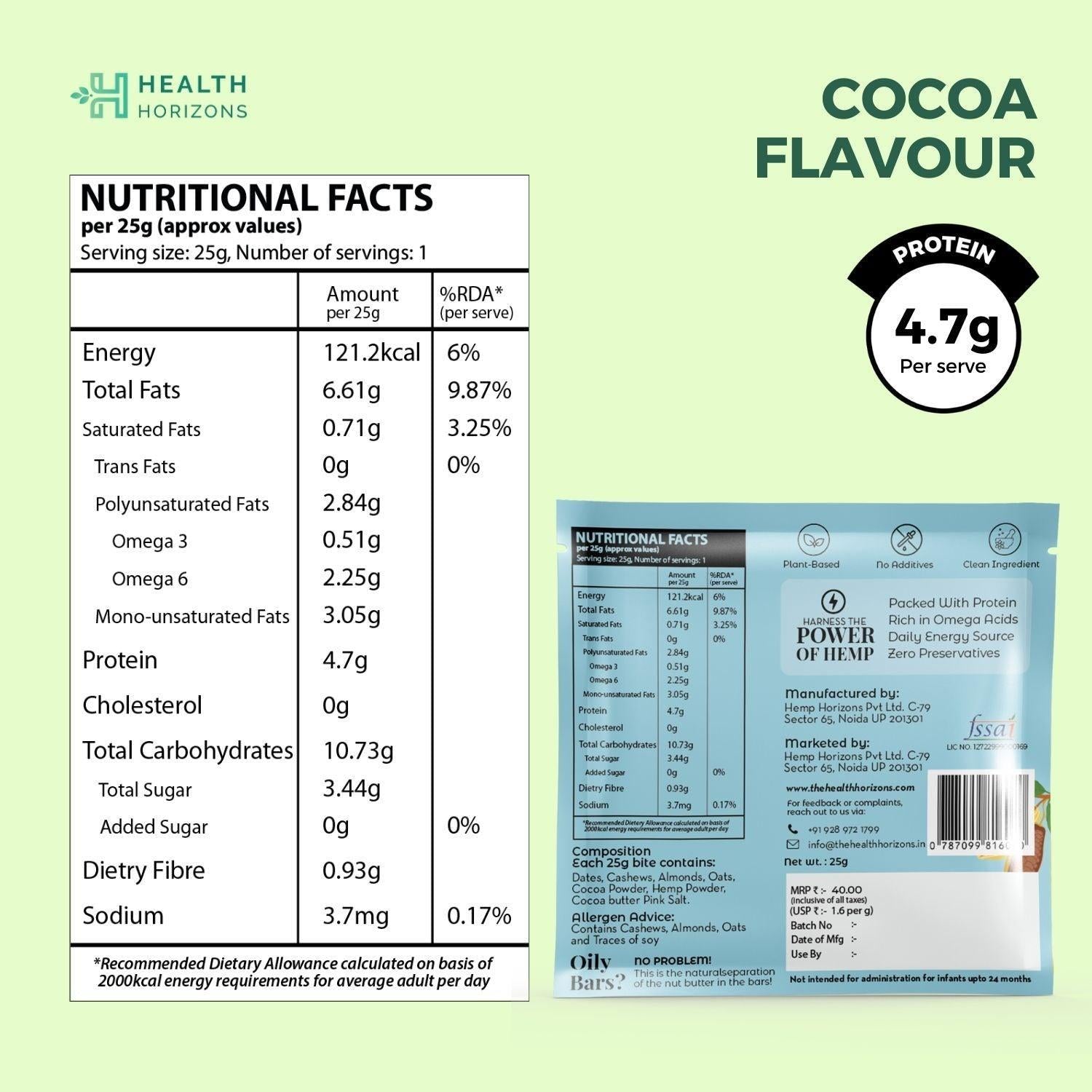 Health Horizons Plant Protein Bites - Cocoa Flavour (Pack of 12).