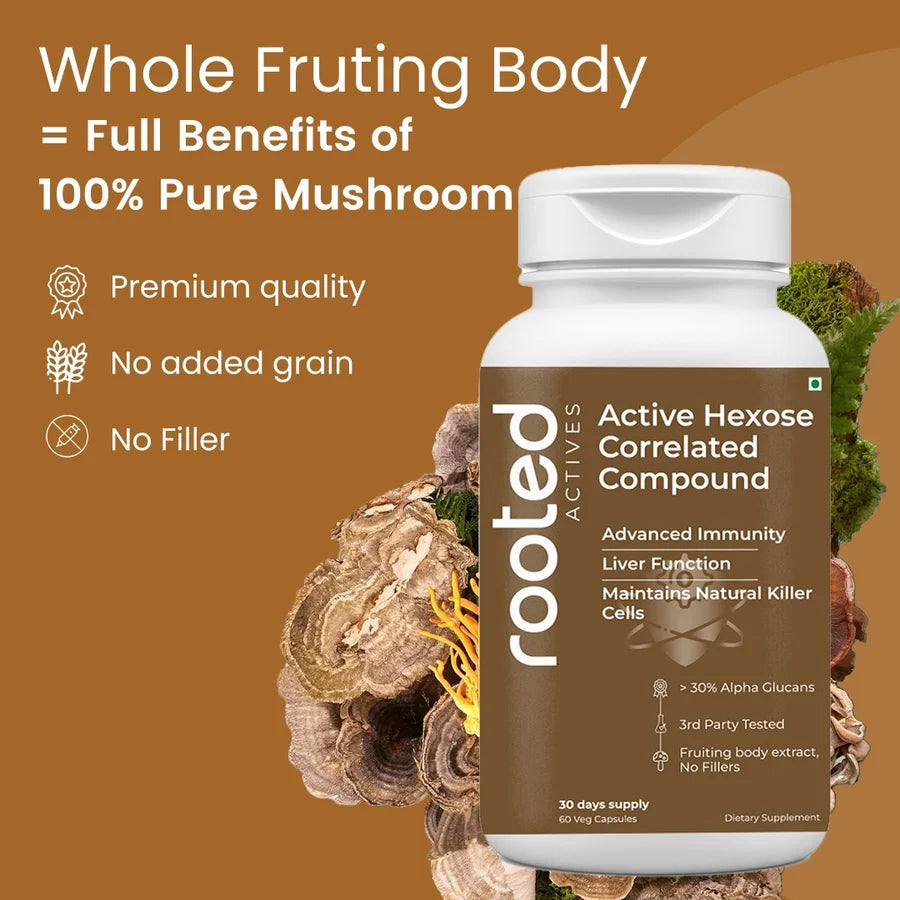 Rooted Actives AHCC Mushroom Extract Capsules - Shiitake, Lion's Mane, Maitake & Agaricus Blend | Daily Wellness