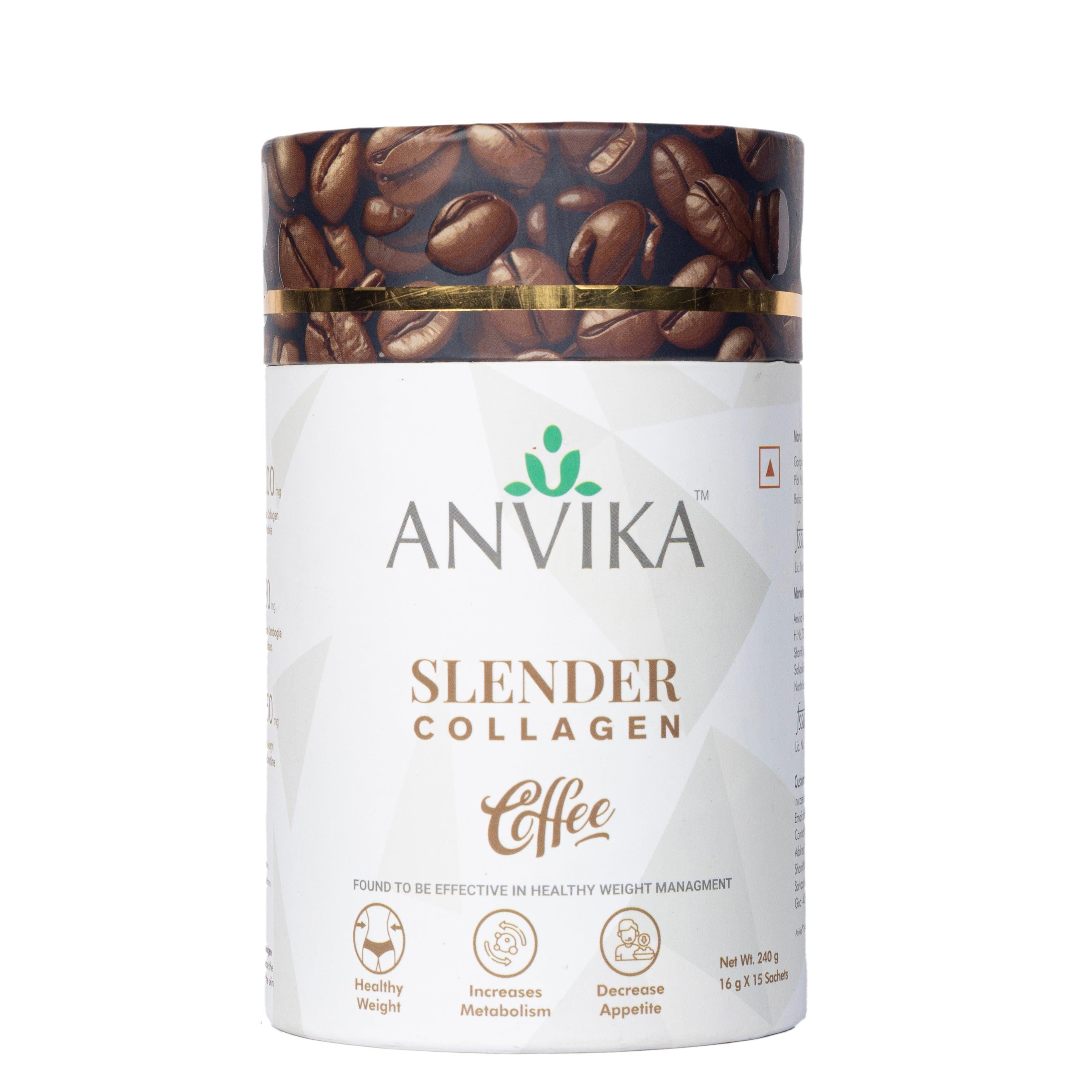 Anvika Slender Collagen with 100% Arabica Coffee & Marine Collagen Peptides for Weight Management.