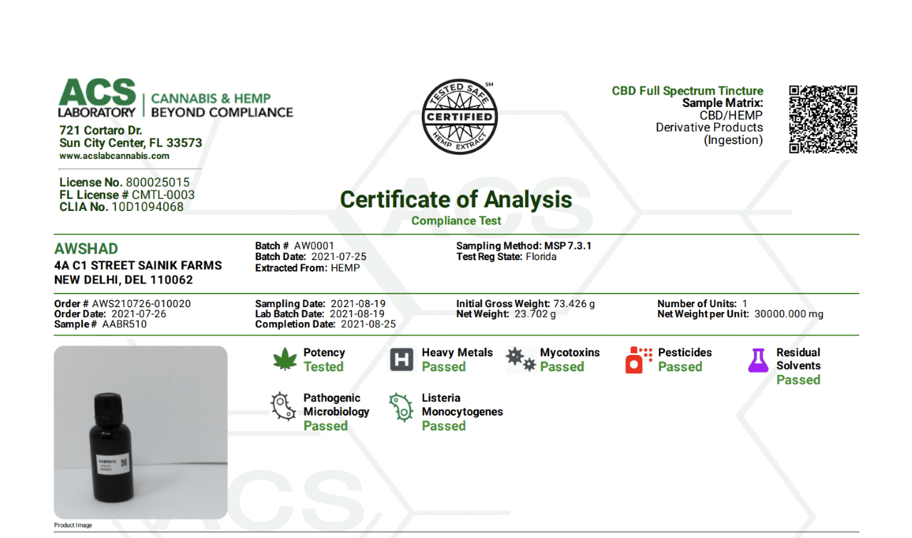 Awshad - Full Spectrum Cannabis Oil - 4500MG - 30ML (Natural).