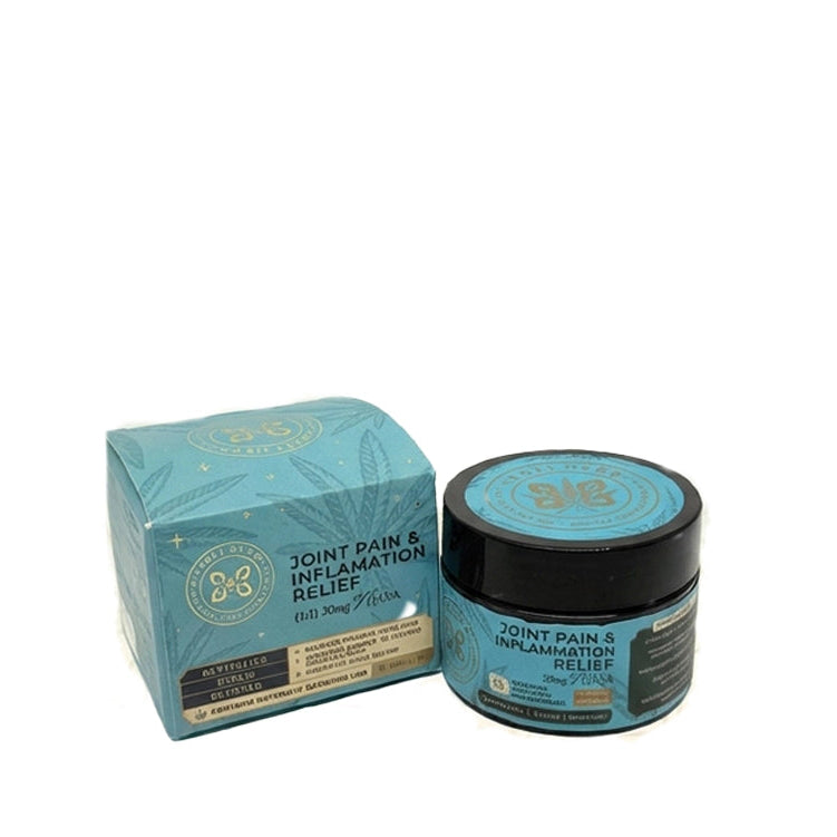 Jar and box of joint pain relief product on a white background