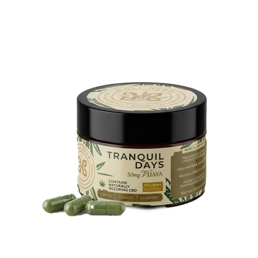 Jar labeled 'Tranquil Days' with capsules on a white background