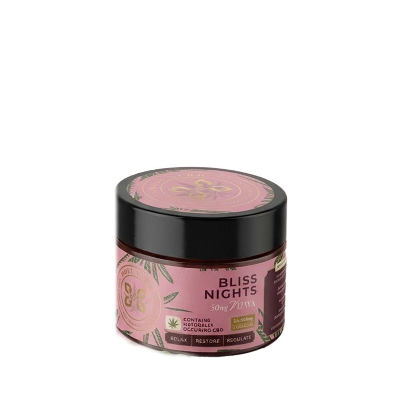 Jar labeled 'Bliss Nights' on a white background