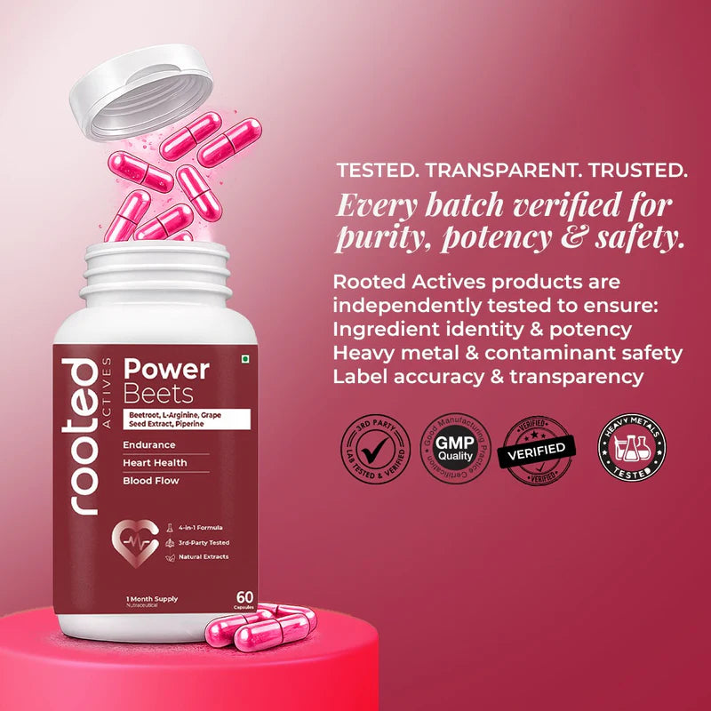 Rooted Actives Power Beets Capsules (60 Capsules) - Beetroot Extract, Grape Seed & L-Arginine