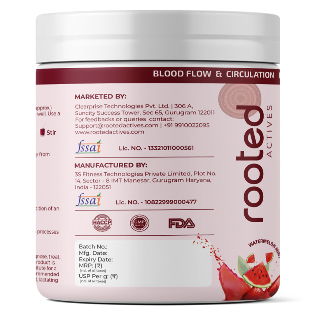 Rooted Actives Power Beets Drink Mix - Beetroot, BCAAs, L-Arginine & L-Carnitine (Watermelon Mint, 250g)