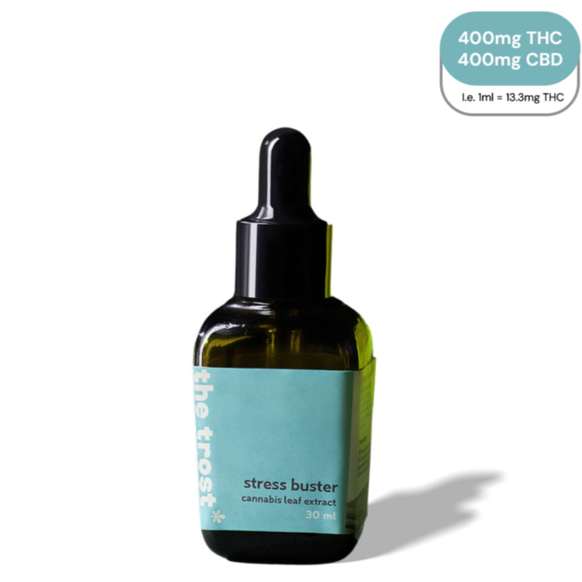Bottle of 'stress buster' cannabis leaf extract with a dropper on a white background