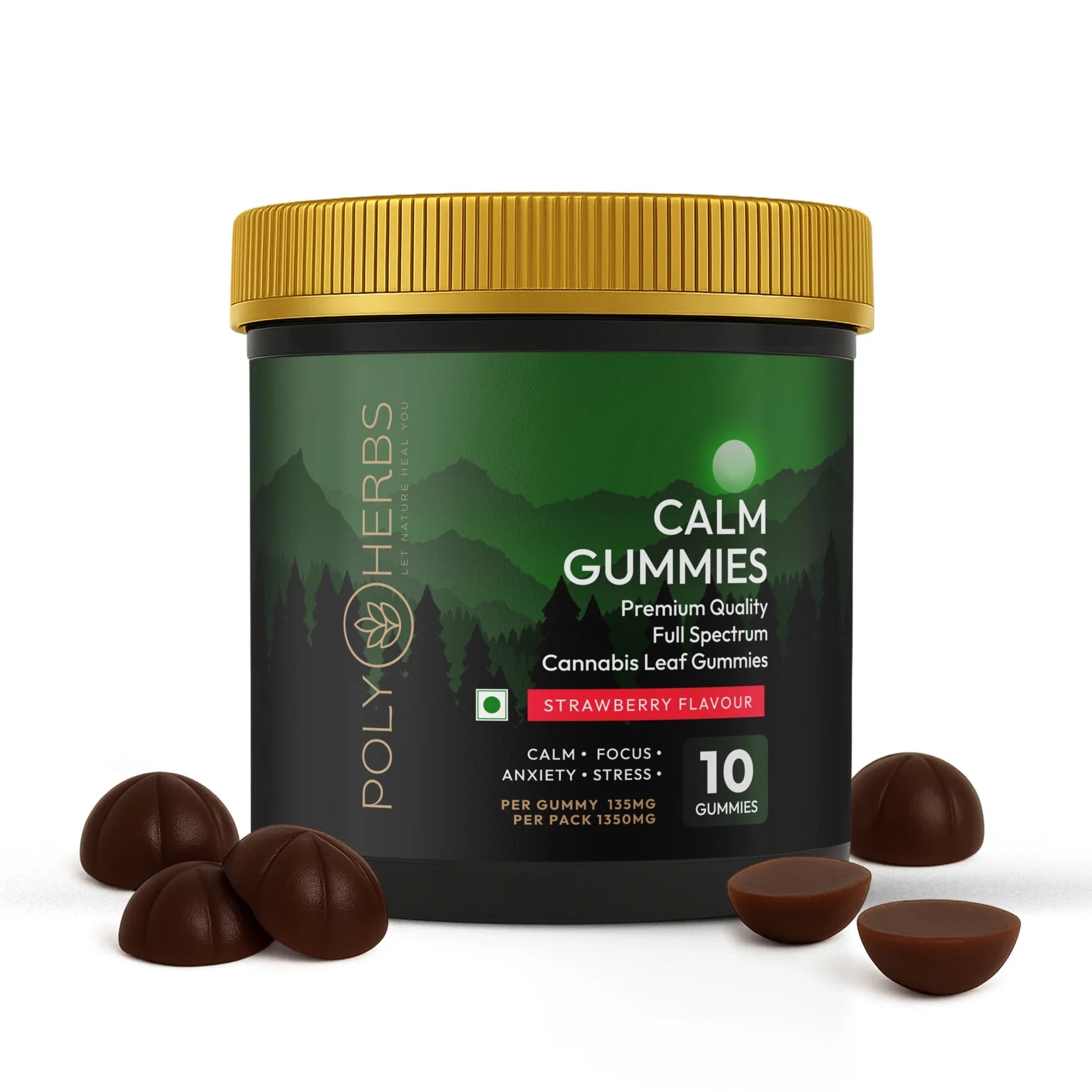 Polyherbs CALM CBD THC Gummies 135mg Per Gummy.