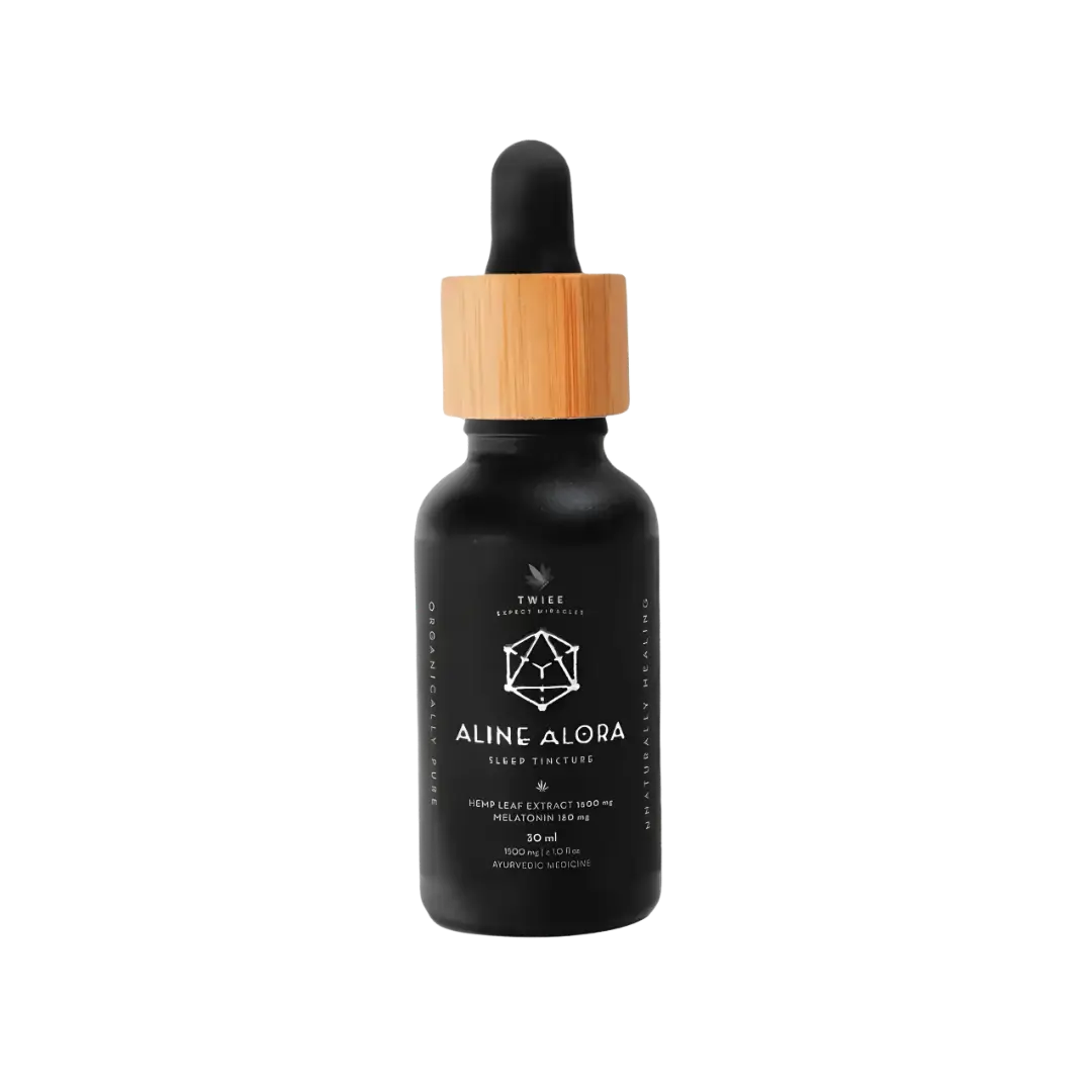 Twiee Aline Alora cannabis sleep tincture bottle with a bamboo cap and black label.