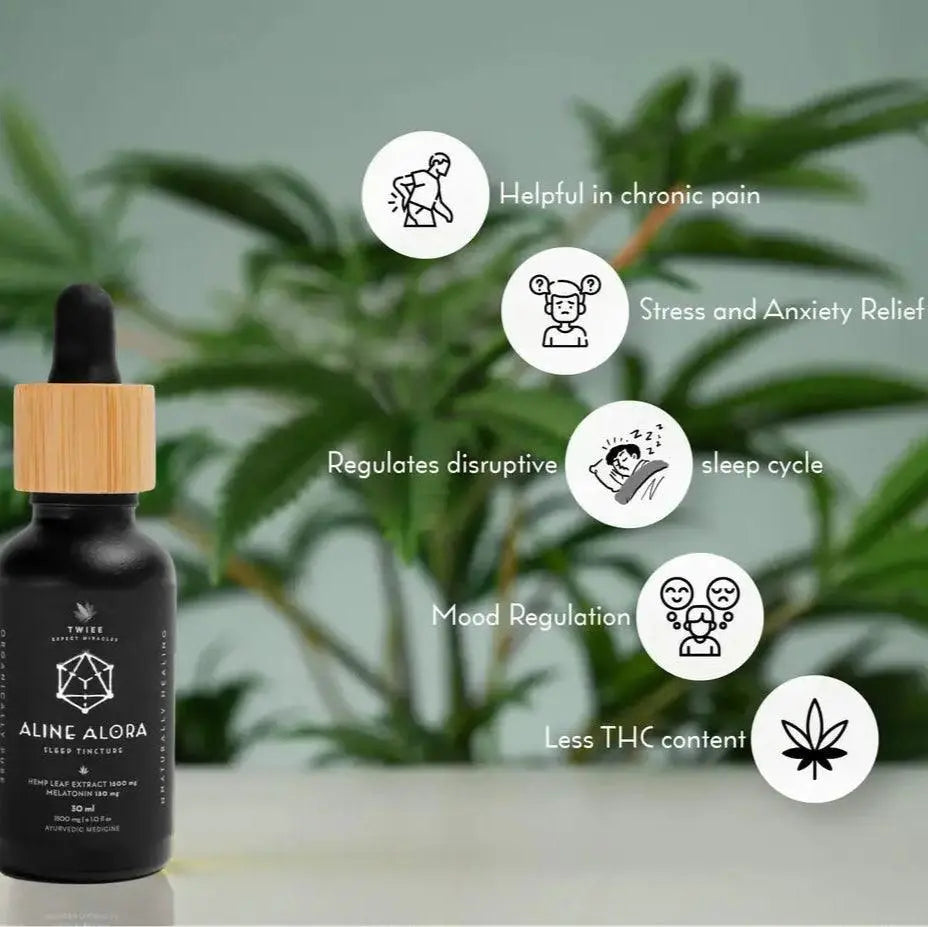 Twiee Aline Alora cannabis sleep tincture bottle with icons highlighting benefits on a leafy background.