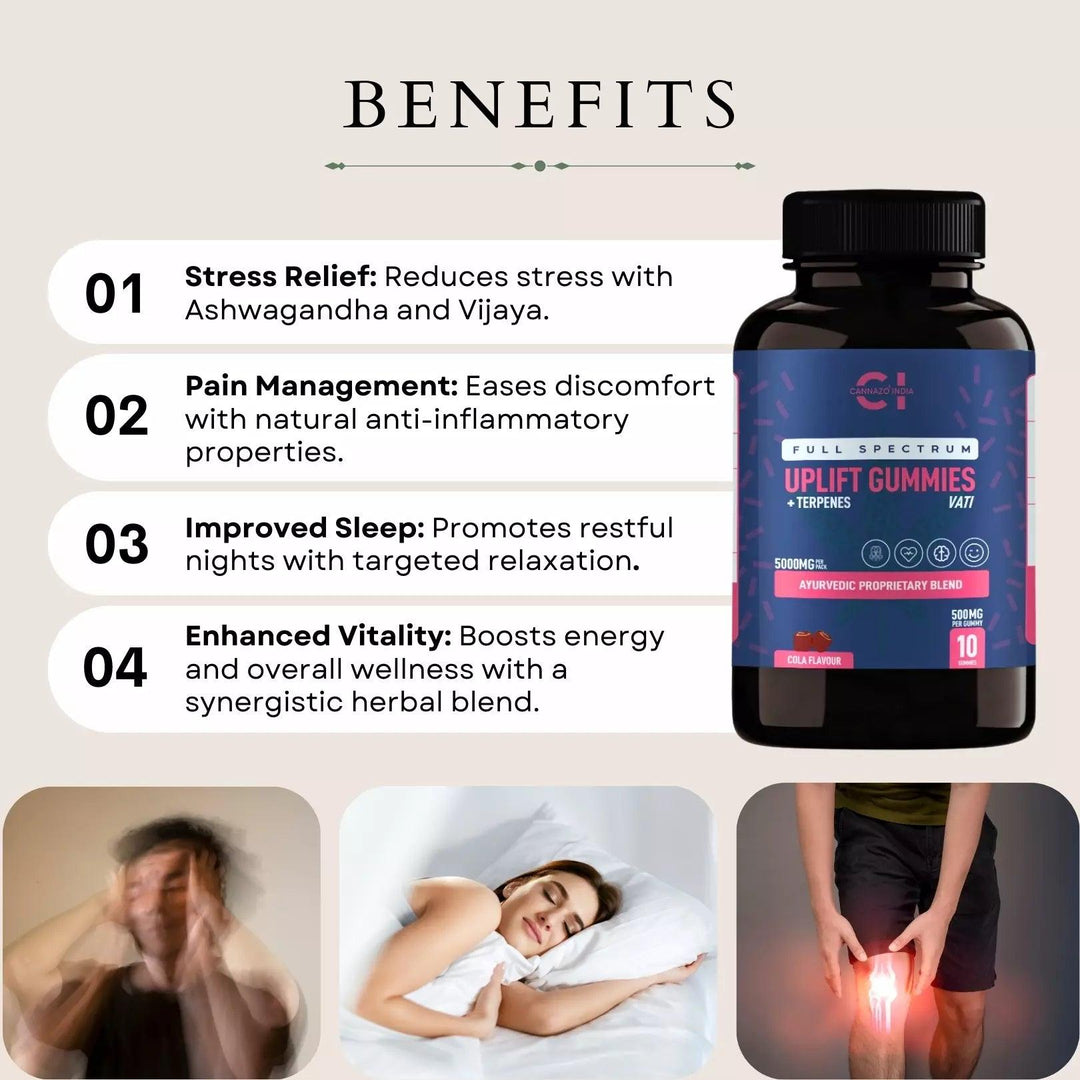 The health benefits of Cannazo India Uplift Gummies include natural stress relief, mood enhancement, improved sleep, pain management, and daily energy.