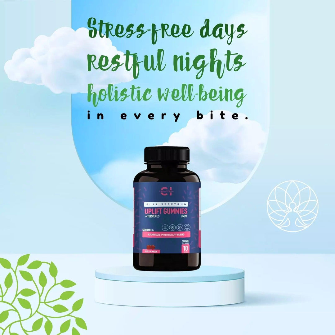 Plant-based Uplift Gummies with 500mg Vijaya extract, vegan ingredients, and terpenes for mood and energy support.