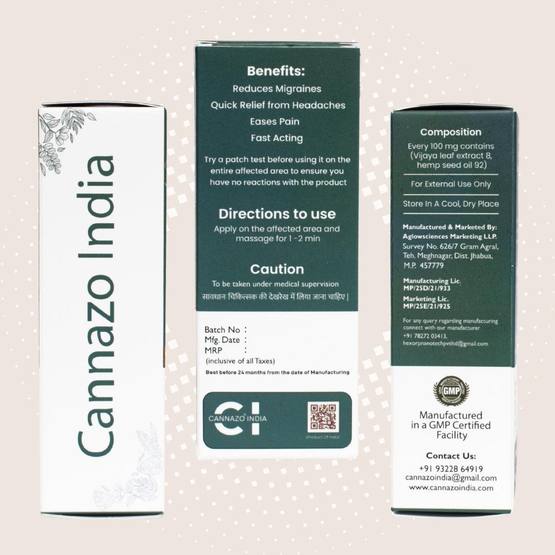 Cannazo Migraine Aid with full spectrum extract (CBD + THC) 720mg : 9mlTopical CBDMigraine Aid | CBD For Headache and Heavy Head | CBD Store India