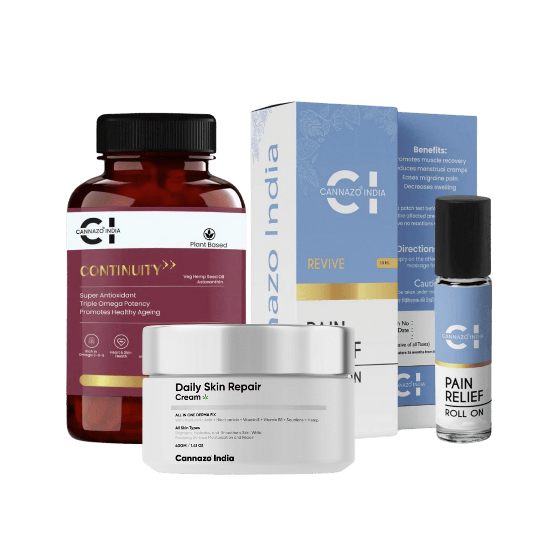 Cannazo CBD Starter Kit – Youth Elixir Cream, Intensive Hair Oil , Revive Pain Relief Rollon , Continuity -softgel (Hemp Seed Oil + Astaxanthin).
