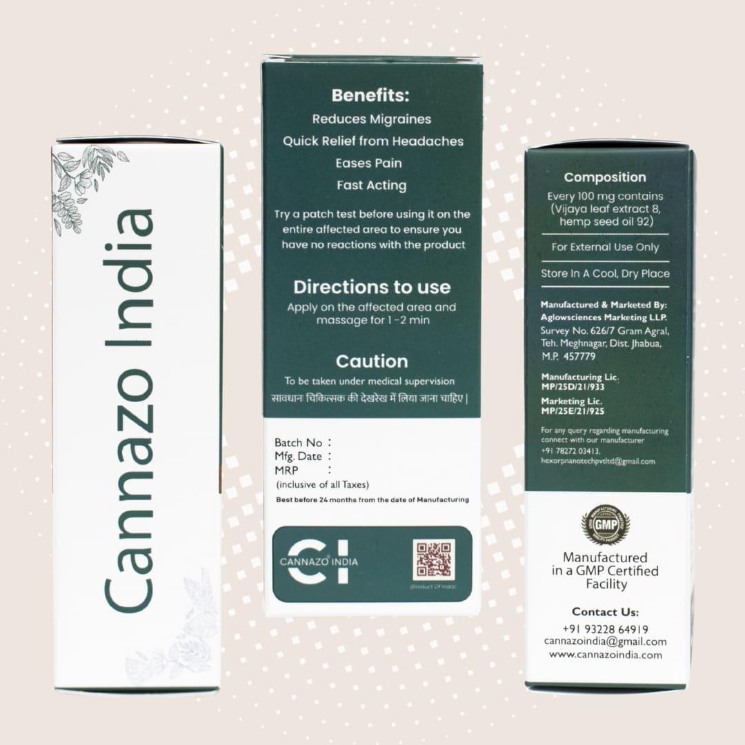Cannazo Migraine Aid with full spectrum extract (CBD + THC) 720mg : 9mlTopical CBDMigraine Aid | CBD For Headache and Heavy Head | CBD Store India