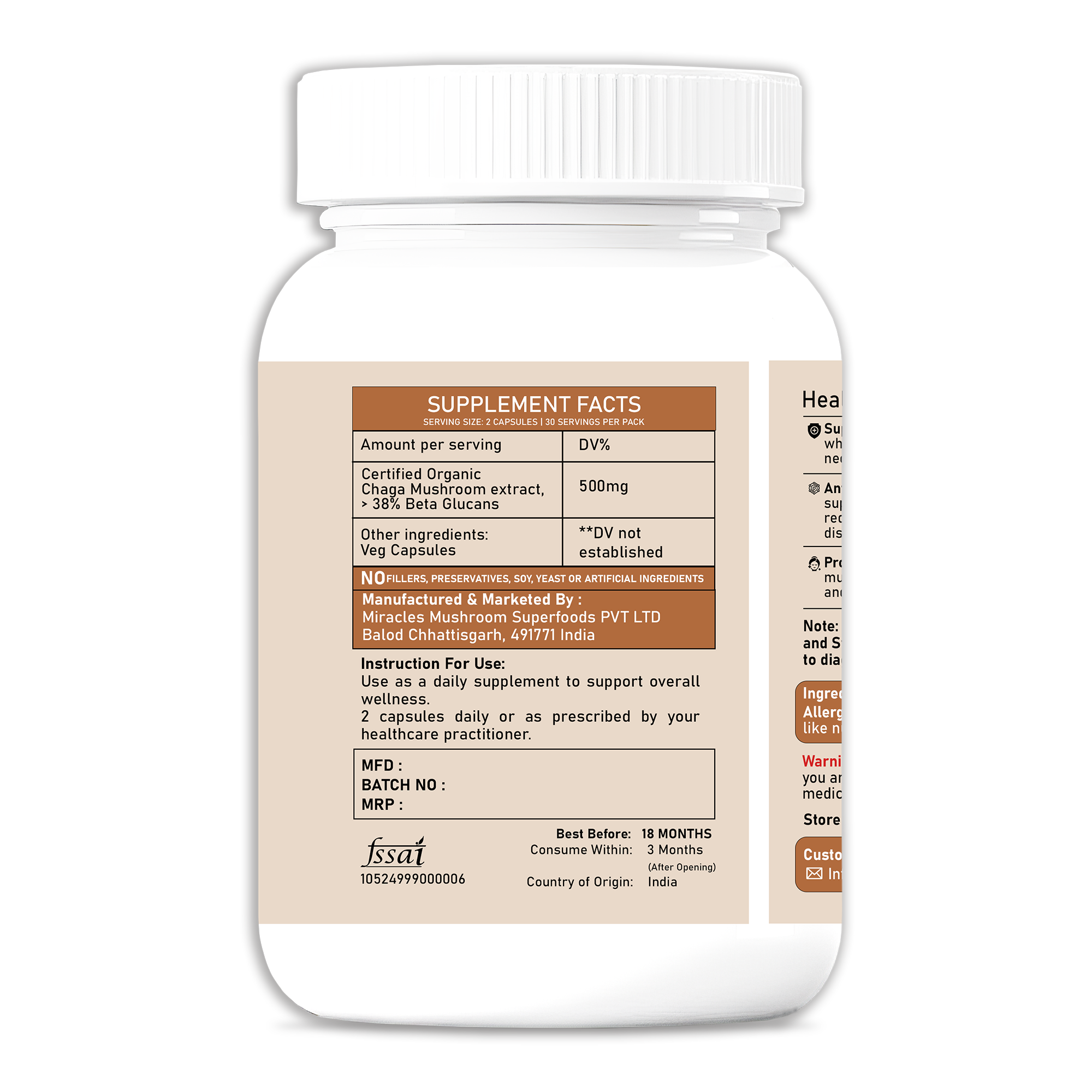 Miracles Mushroom Chaga Mushroom  Extract Capsules - 100% Fruit Body  Extract.