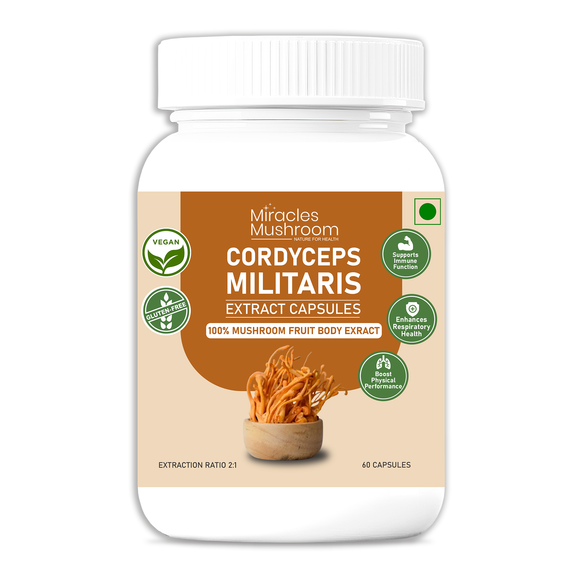 Miracles Mushroom Cordyceps Militaris Mushroom Extract Capsules - 100% Fruit Body Extract - 60 Capsules.