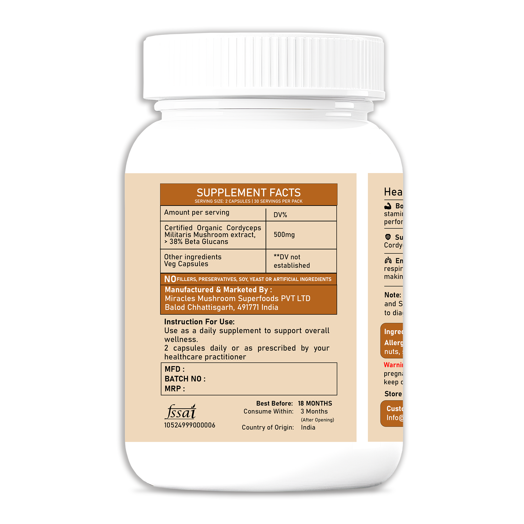 Miracles Mushroom Cordyceps Militaris Mushroom Extract Capsules - 100% Fruit Body Extract - 60 Capsules.