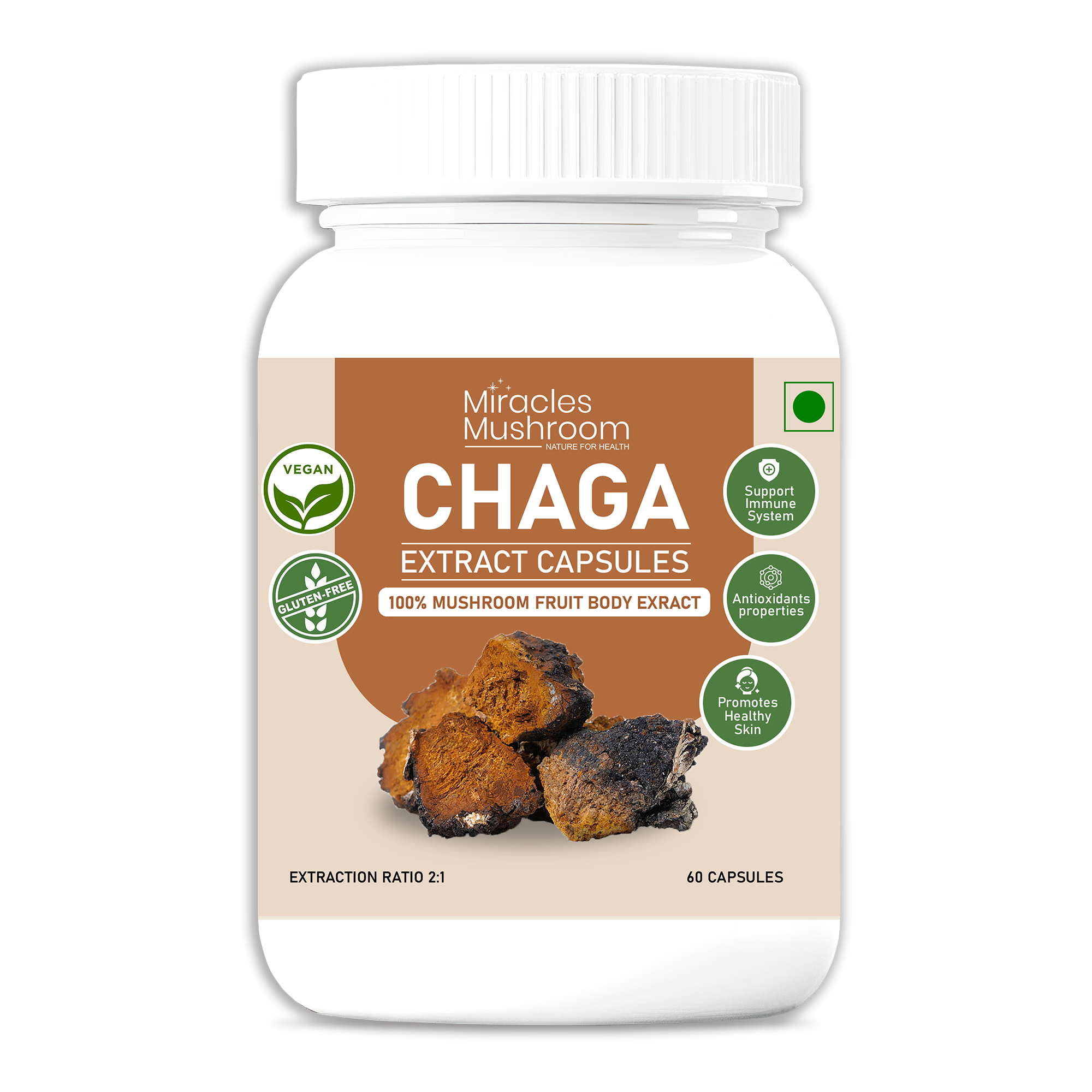 Miracles Mushroom Chaga Mushroom  Extract Capsules - 100% Fruit Body  Extract.