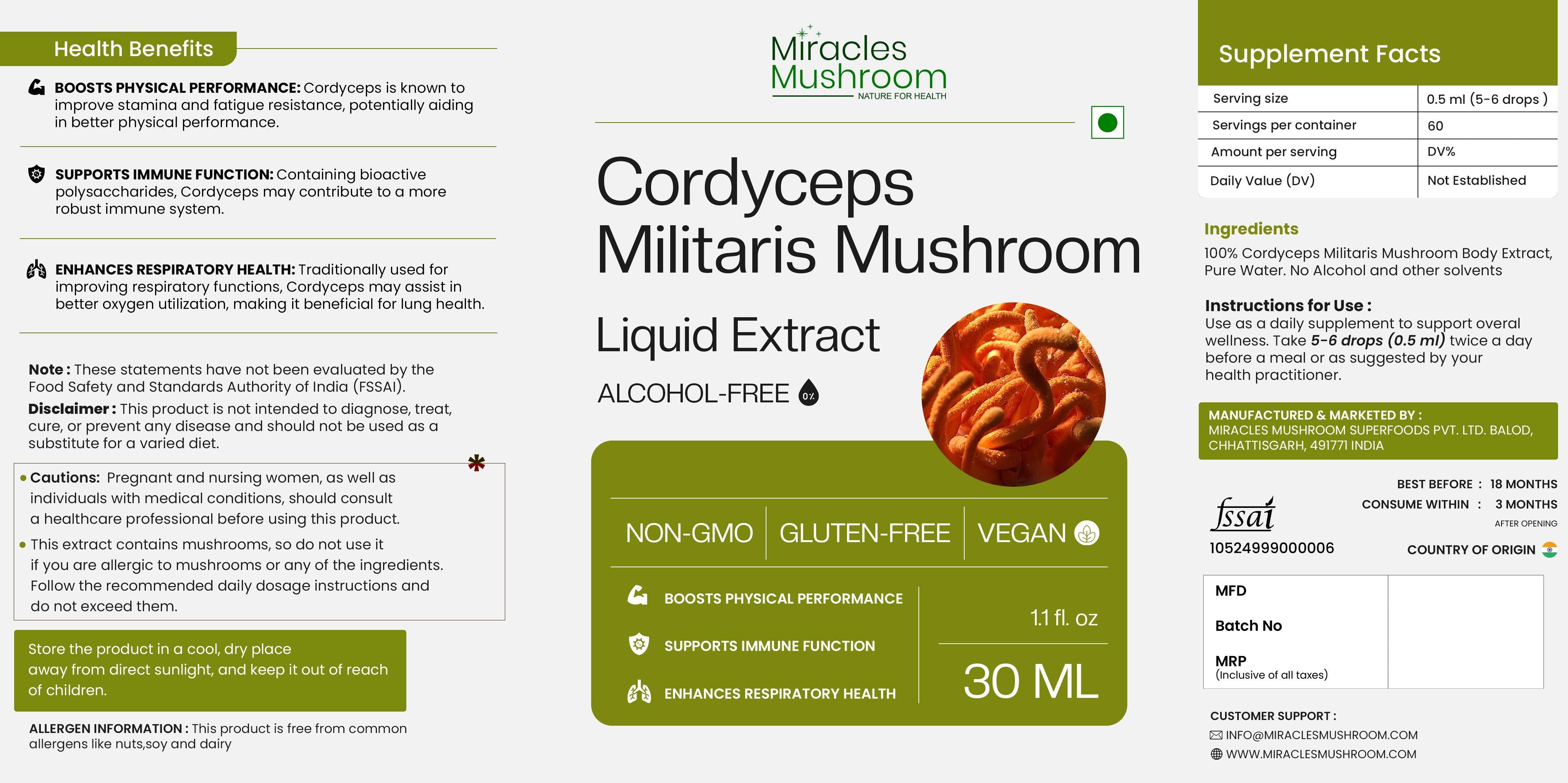 Miracles Mushroom - Cordyceps Militaris Mushroom Liquid Extract - 30ml.