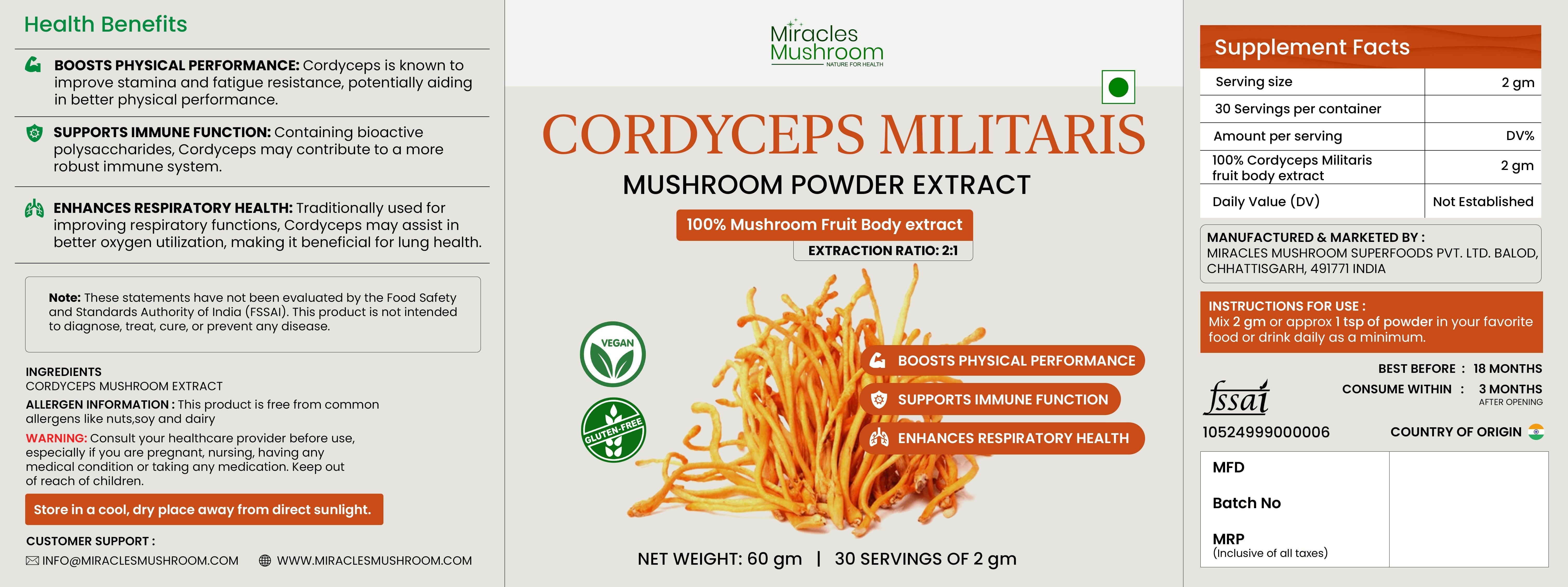 Miracles Mushroom : Cordyceps Mushroom Extract Powder 60g.