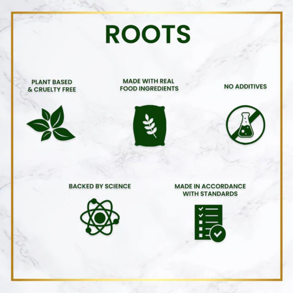 Promotional graphic for 'ROOTS' with icons and text about plant-based, cruelty-free, and additive-free products.