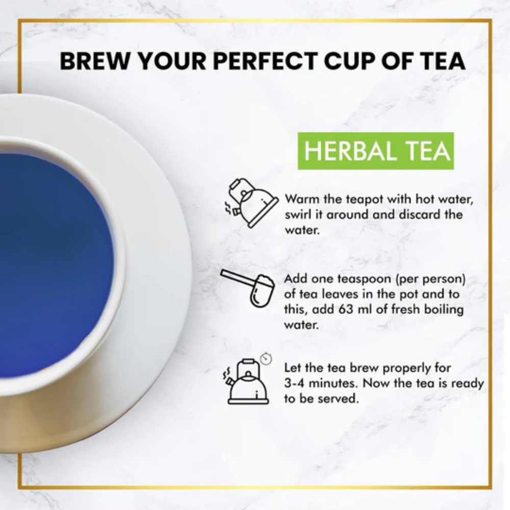 Instructions for brewing herbal tea with a cup and teapot illustration on a marble background.
