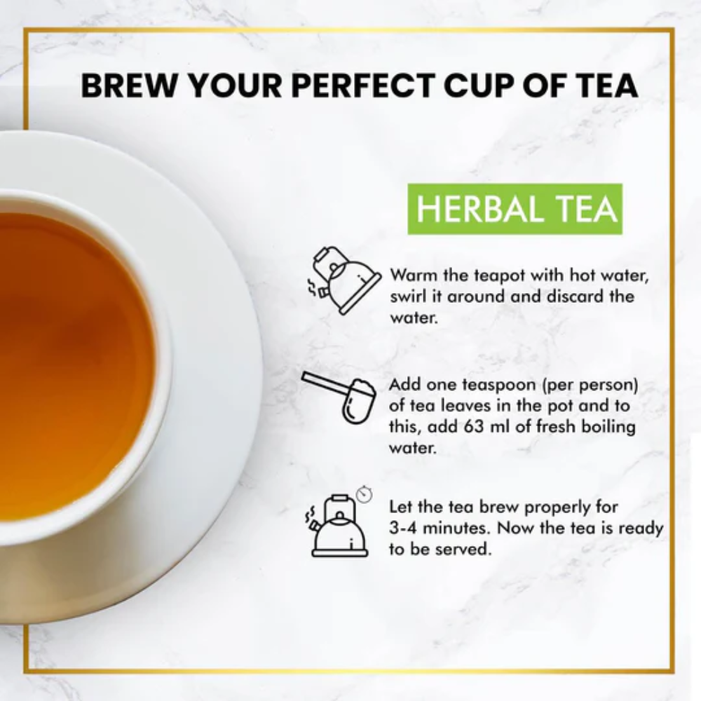 Instructions for brewing herbal tea with a cup of tea on a white background