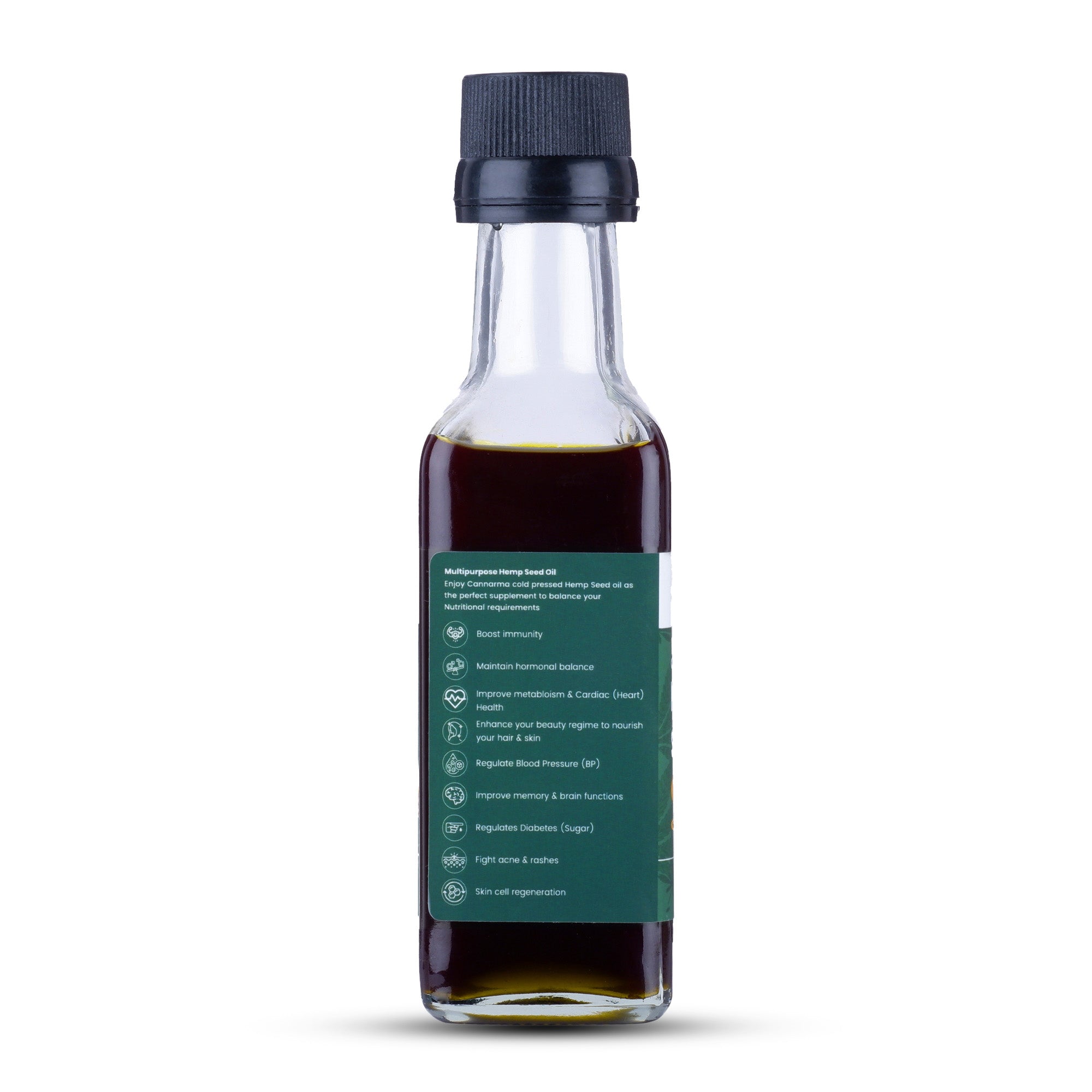 Glass bottle of dark amber hemp seed oil with green label listing health benefits