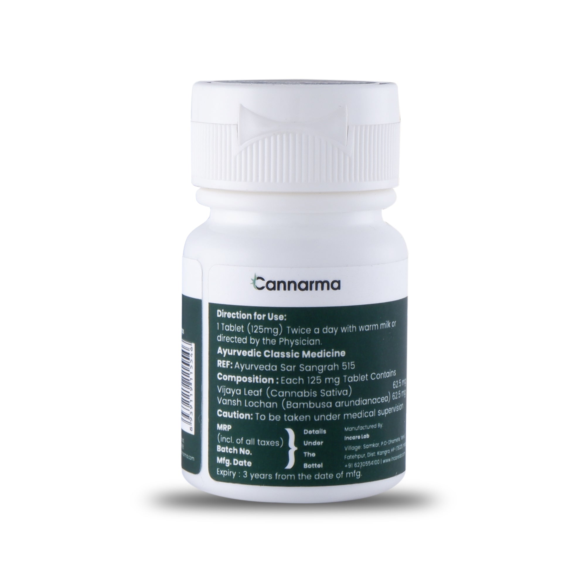 White pill bottle with green Cannarma label and dosage instructions