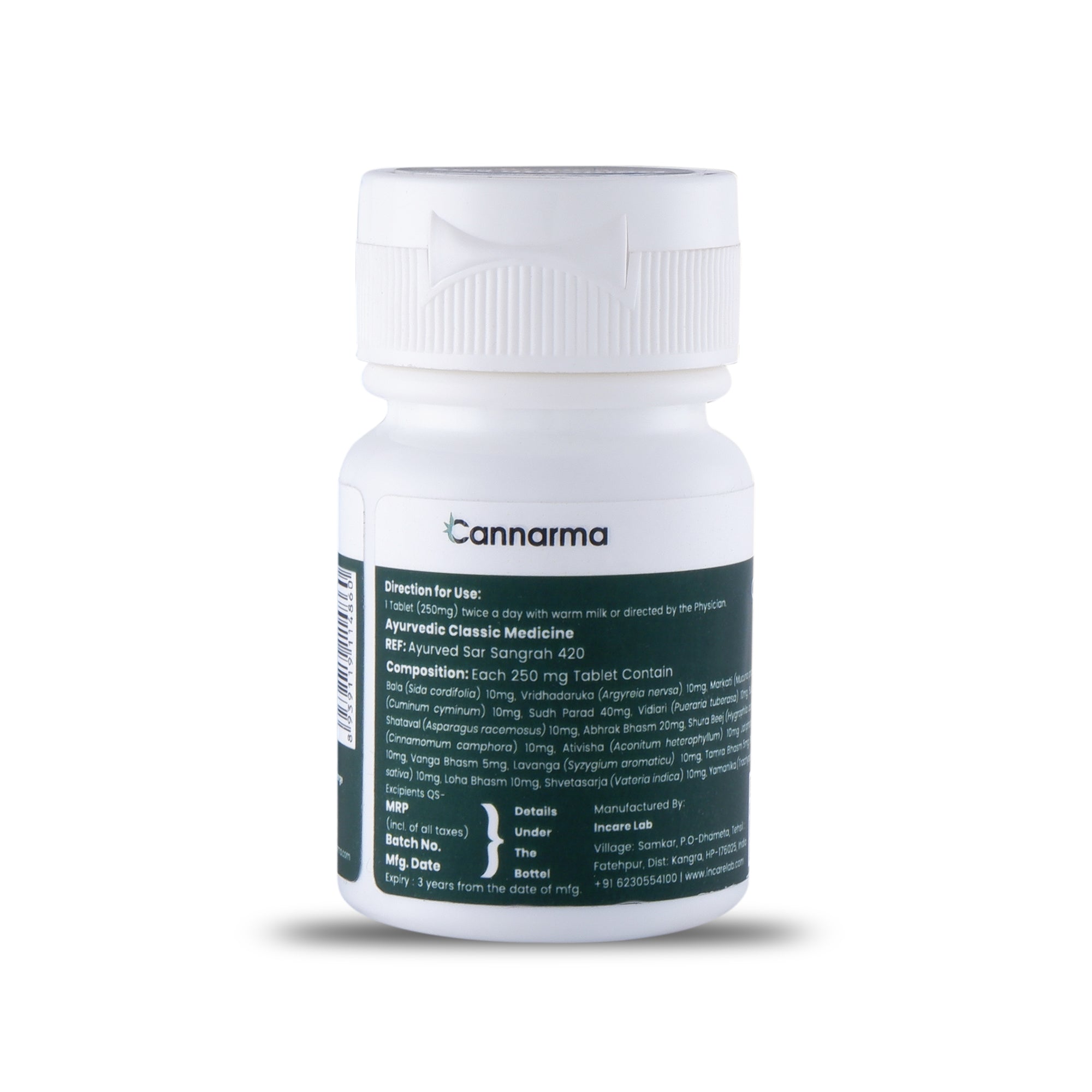 White bottle of Cannarma tablets with green label showing composition details