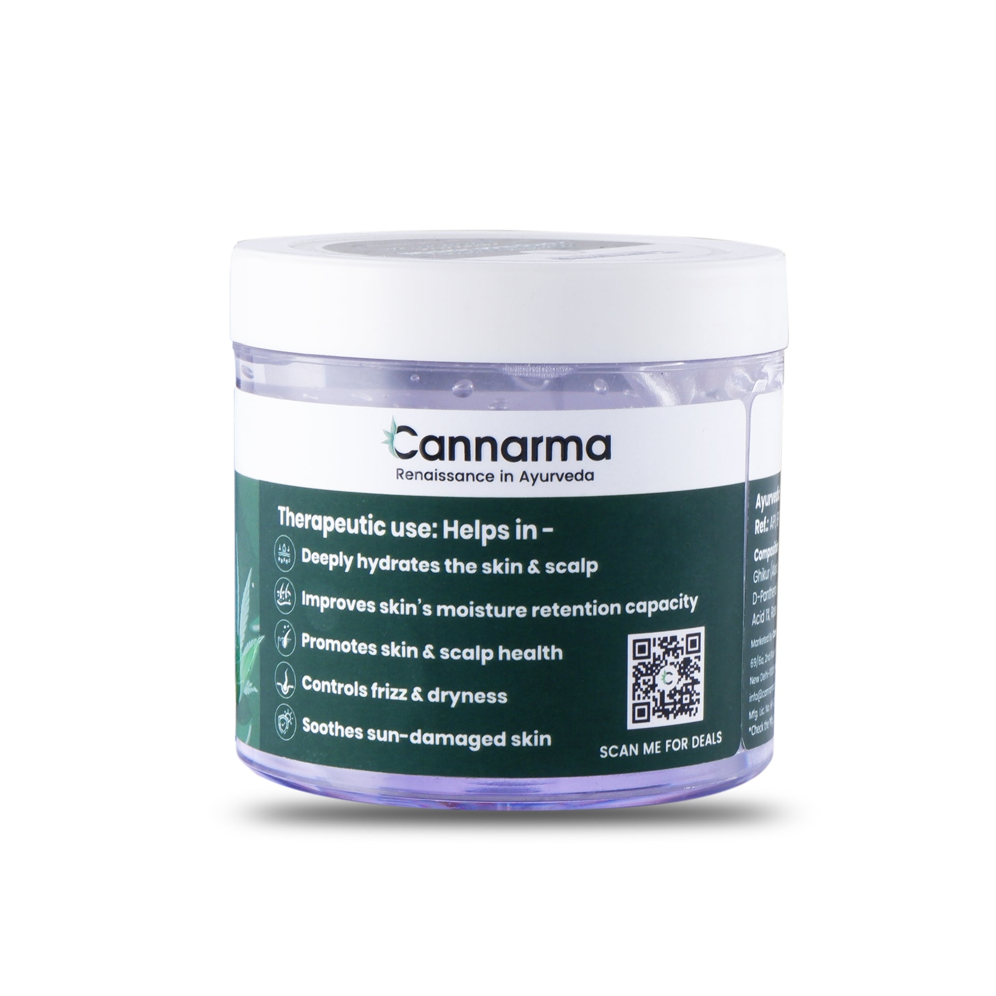 Cannarma jar with green label, white lid, clear gel inside