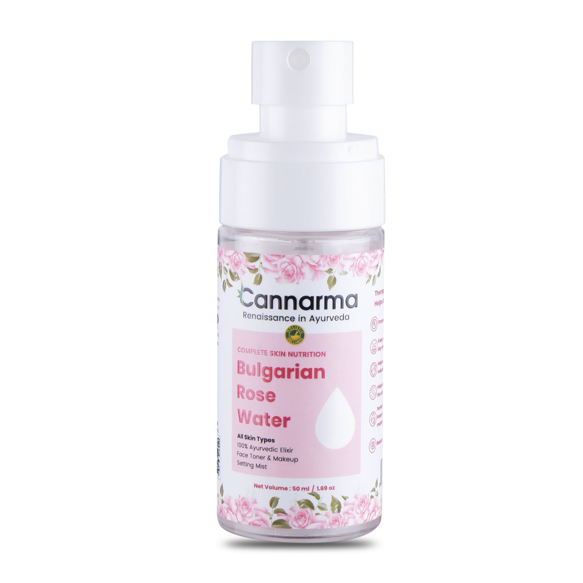 Cannarma Bulgarian Rose Water spray bottle with pink rose label, 50 ml