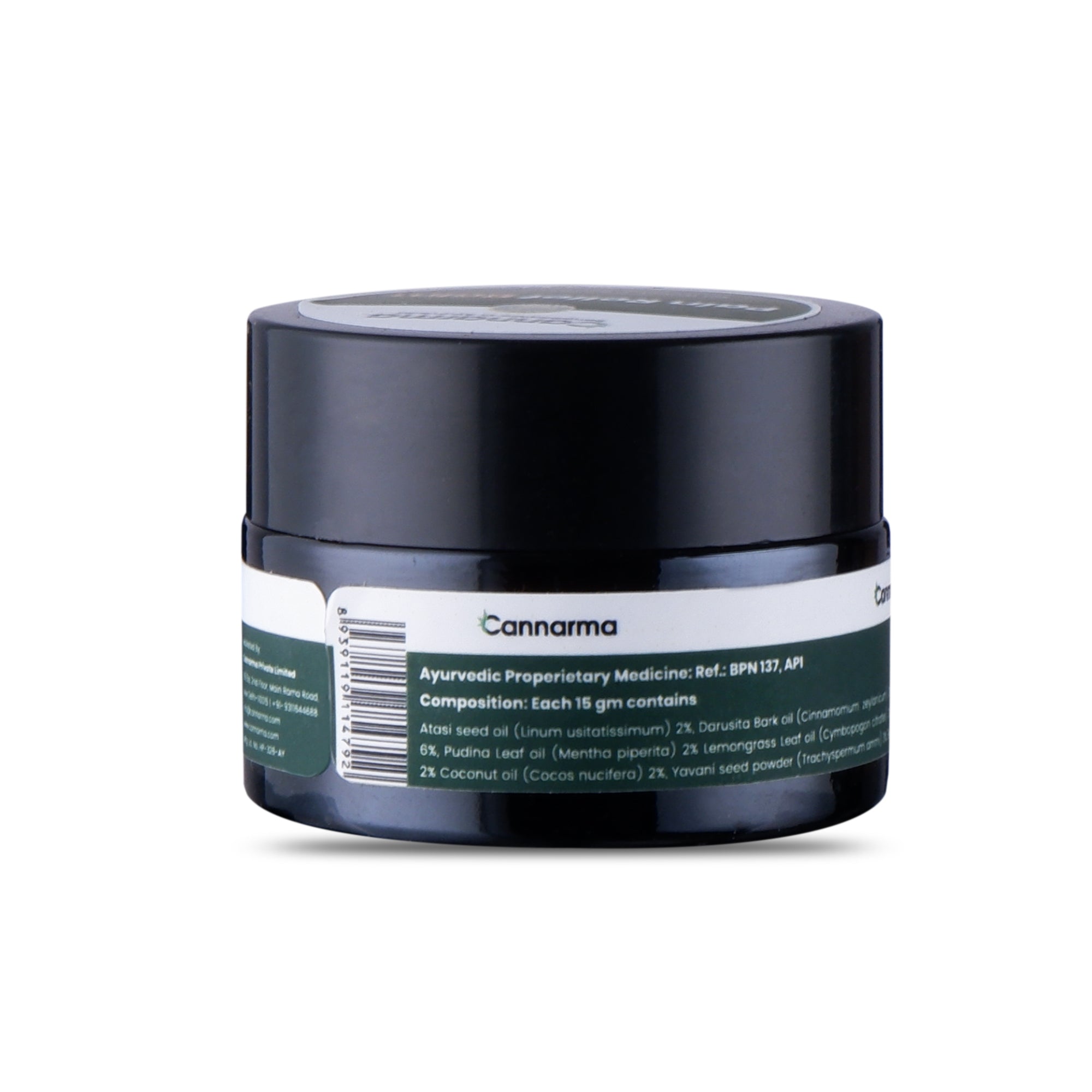 Black jar of Cannarma hemp pain relief balm