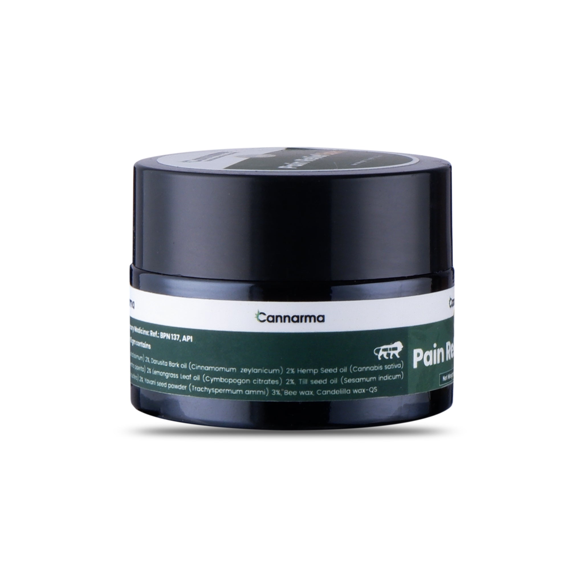 Cannarma pain relief balm in dark jar