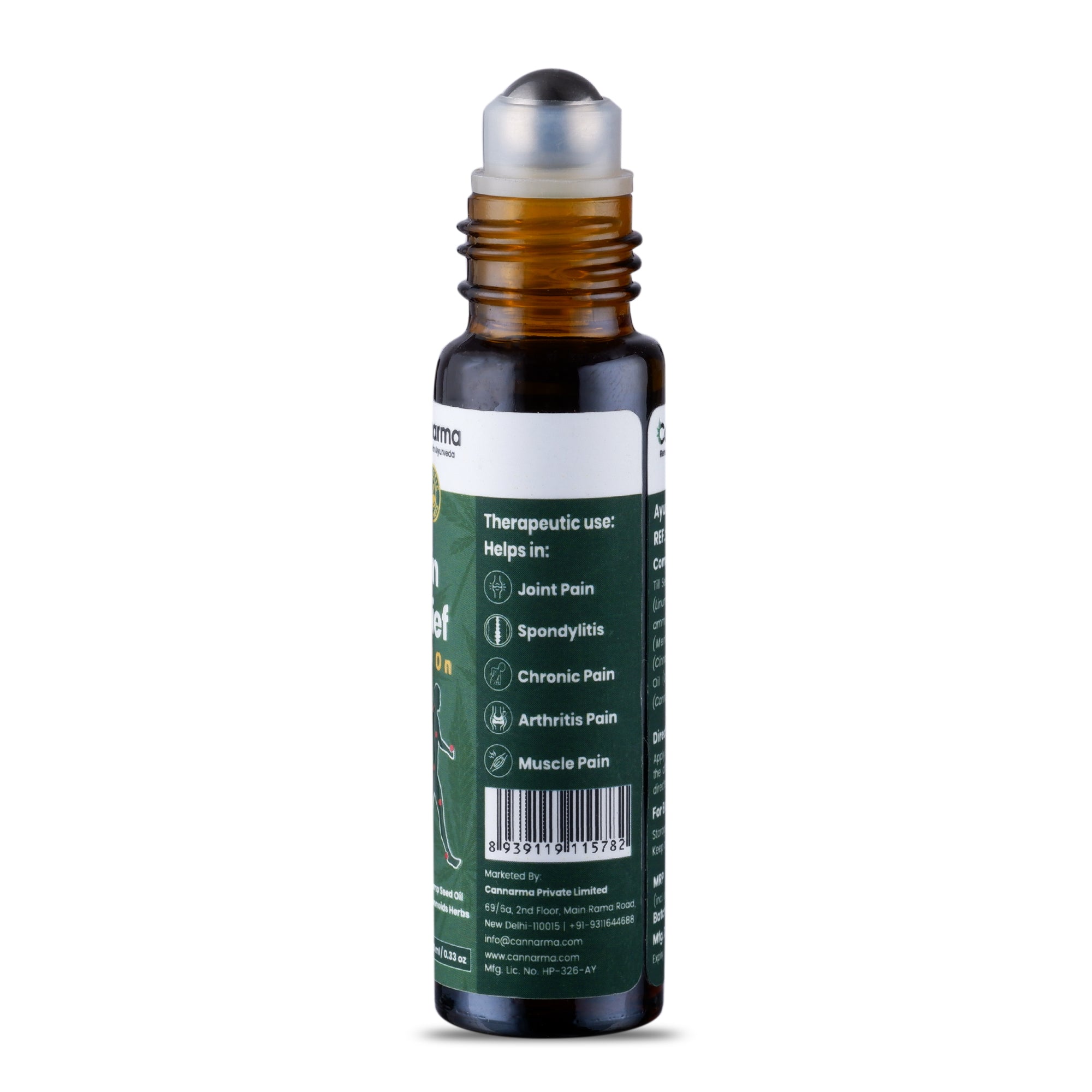 Close-up of Cannarma pain relief roll-on bottle showing therapeutic uses label